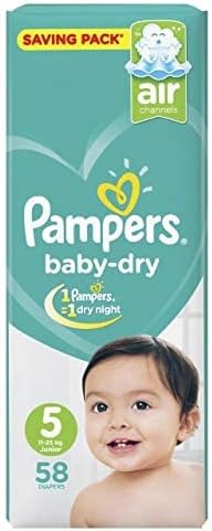 Pampers Baby Dry Taped Diapers, Size 5, 11-25 Kg, with Lotion with Olive Oil, 58 Baby Diapers