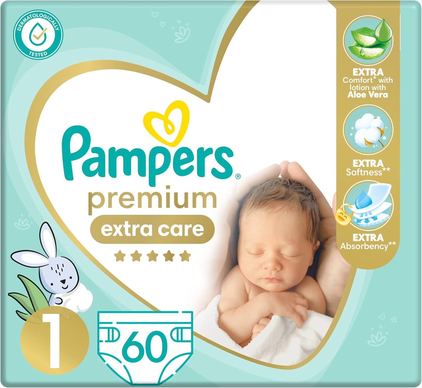 Pampers Premium EXTRA CARE Taped Diapers, Size 1, 2-5 kg, with Lotion with Aloe Vera, 60 Baby Diapers