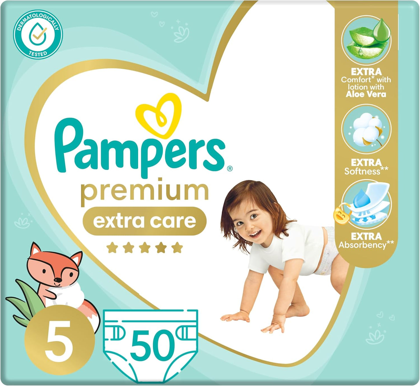 Pampers Premium EXTRA CARE Taped Diapers, Size 5, 11-25 kg, with Lotion with Aloe Vera, 50 Baby Diapers